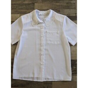 Pearl Button White Elegant Romantic Blouse Embroidered Collar Size Small Petite